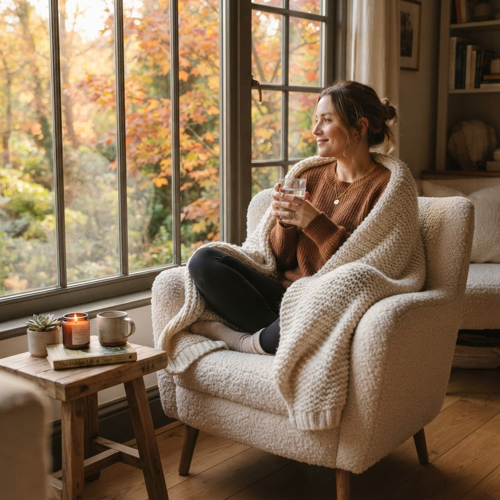 A relaxed woman wrapped in a knit blanket resting in a cozy armchair by a window with warm autumn light