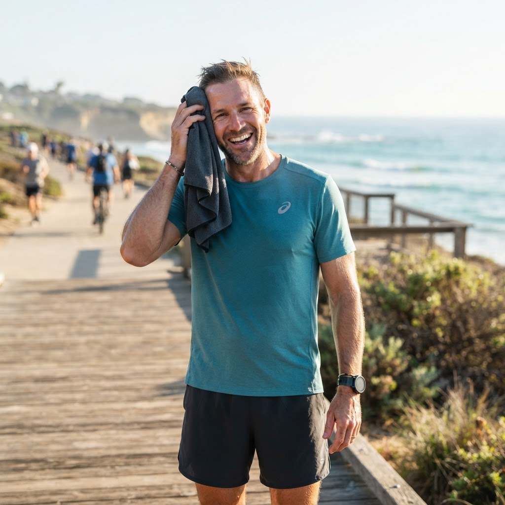 A smiling, athletic man recovering outdoors after a workout