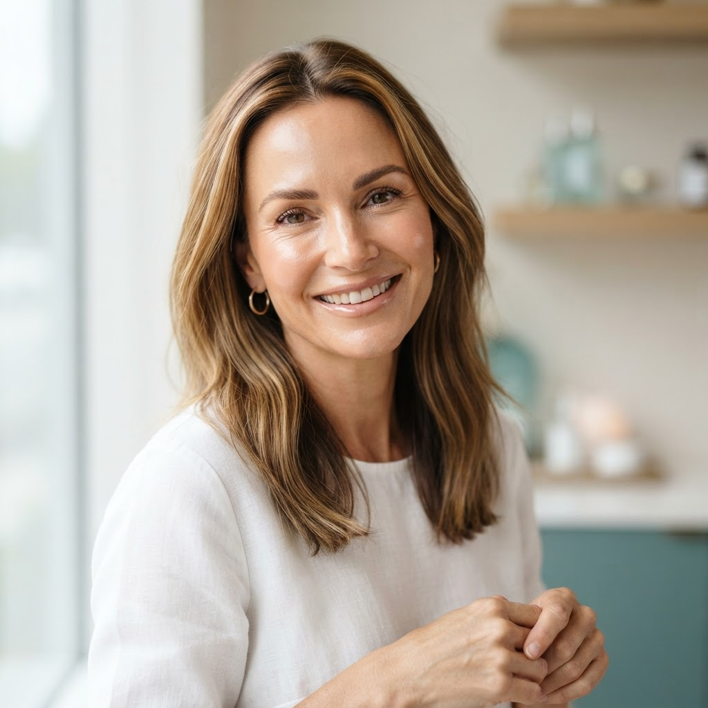 A smiling woman with healthy, glowing skin